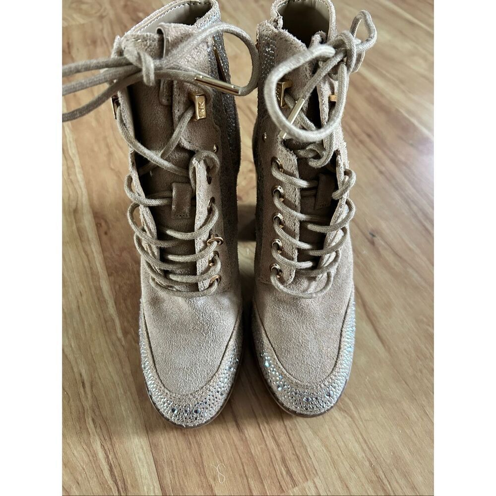 Michael Kors tan chunky heel sparkly boots leather suede size 6M New combat
